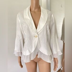 Vtg Miss Dorby Top Womens 14 Linen Embroidered White Cream Ruffled Blouse Shirt